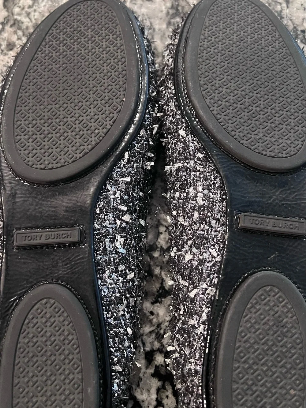 Tory Burch Black-and-Silver Tweed Ballet Flats with Logo Emblem
